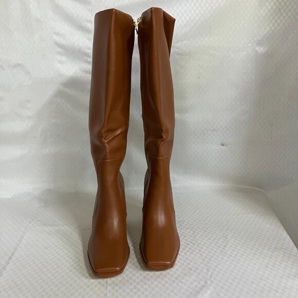 Zzheels Women's 10.5 Light Brown Boots Square Toe Chunky Side Zipper Heeled Long - Picture 9 of 11